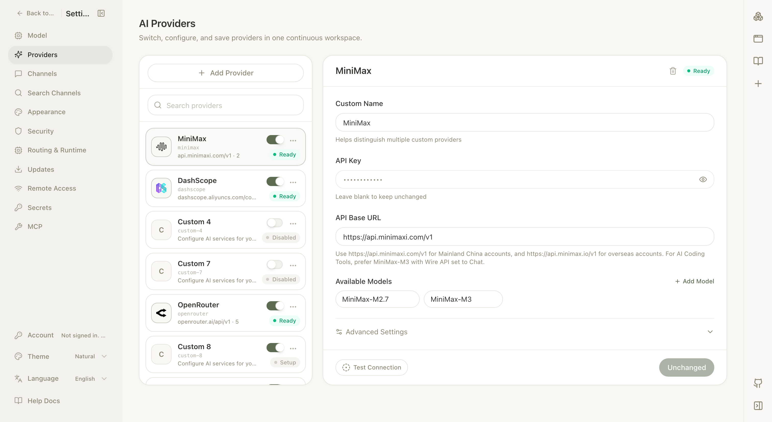 Model provider settings in NextClaw