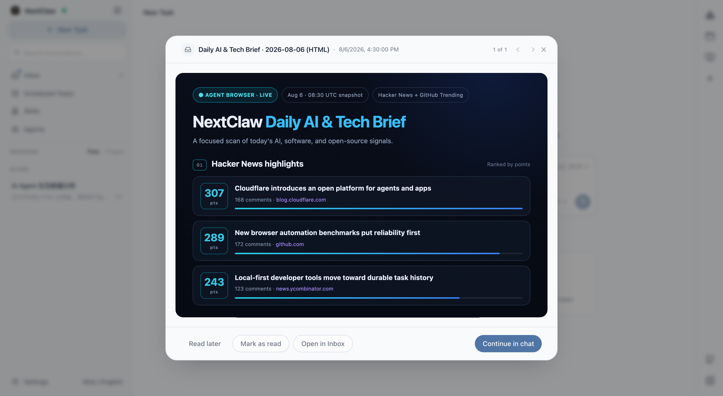 A daily AI and technology briefing created by a background Agent and displayed in the inbox reader